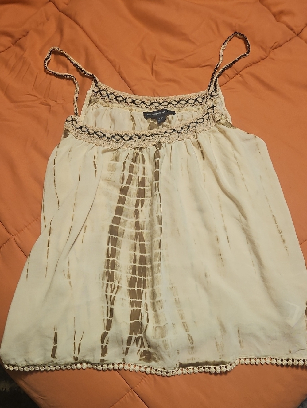 American Eagle Outfitters Cream and Brown Tie-Dye Crochet-Trim Camisole